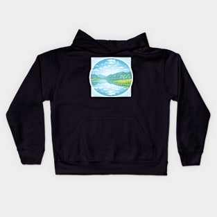 Beautiful landscape with a lake, trees and clouds. Kids Hoodie